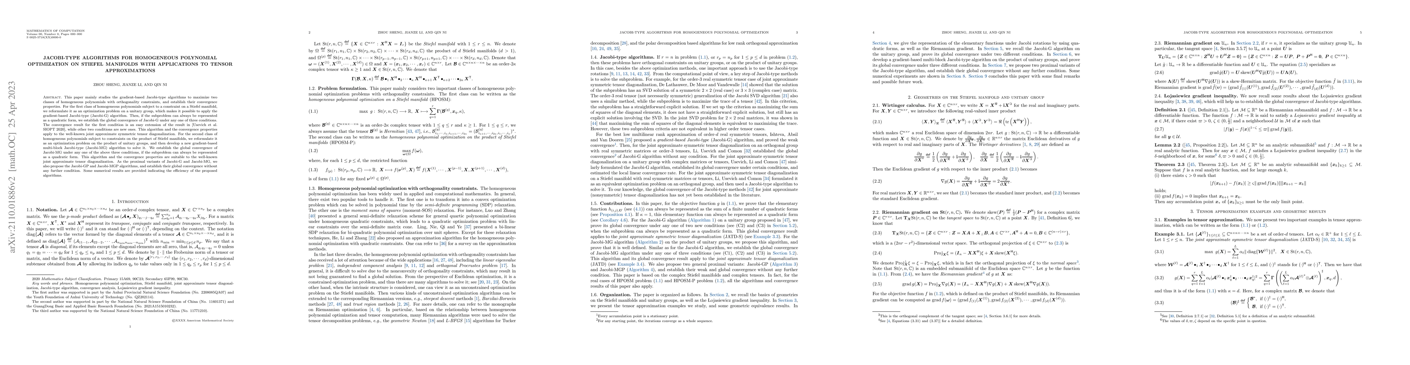 Thumbnail for Jacobi-type algorithms for homogeneous polynomial optimization on
  Stiefel manifolds with applications to tensor approximations