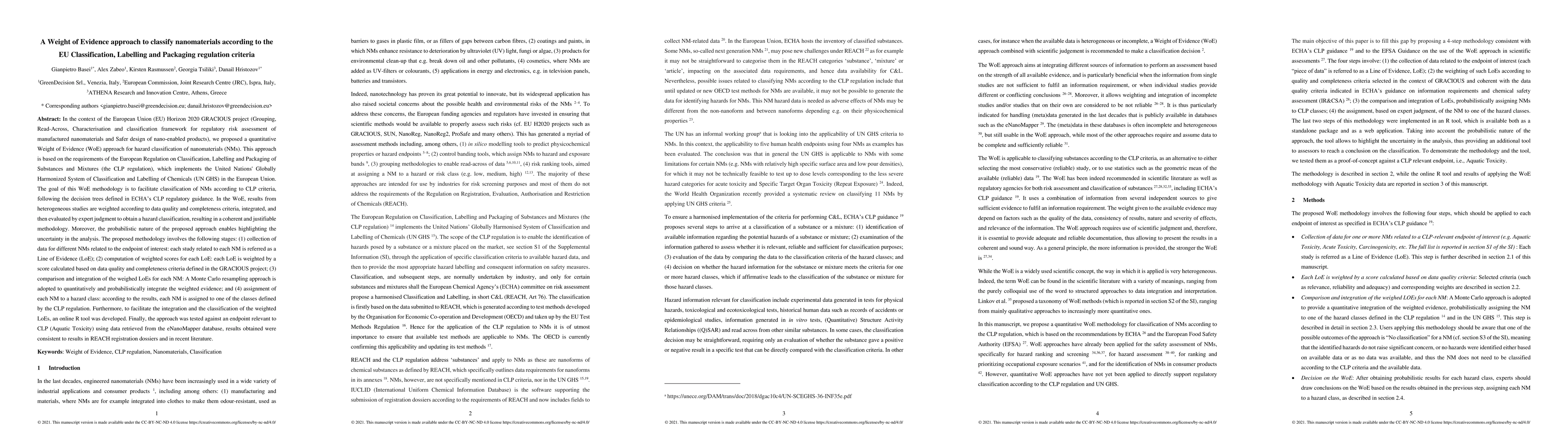 Thumbnail for A Weight of Evidence approach to classify nanomaterials according to the
  EU Classification, Labelling and Packaging regulation criteria