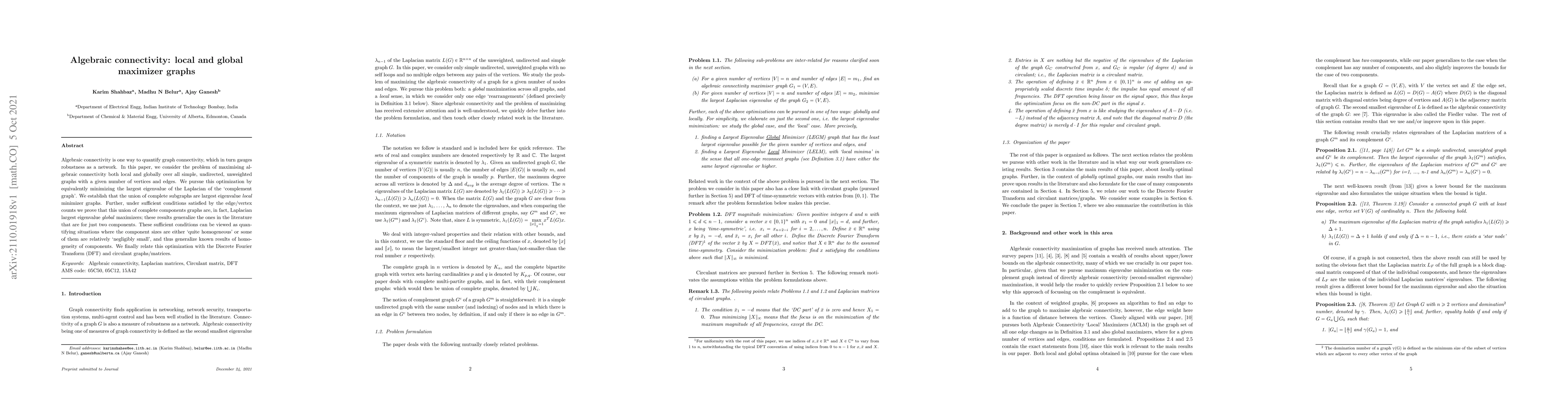 Thumbnail for Algebraic connectivity: local and global maximizer graphs