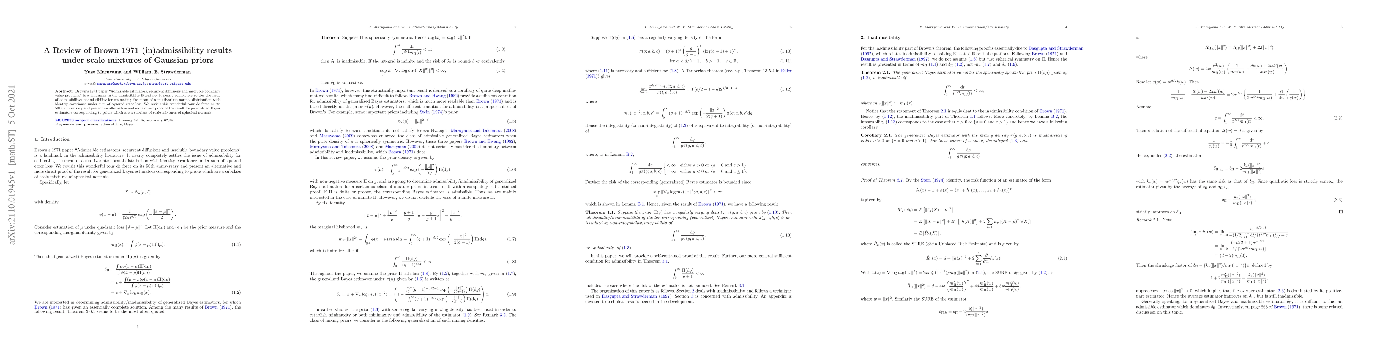 Thumbnail for A Review of Brown 1971 (in)admissibility results under scale mixtures of
  Gaussian priors