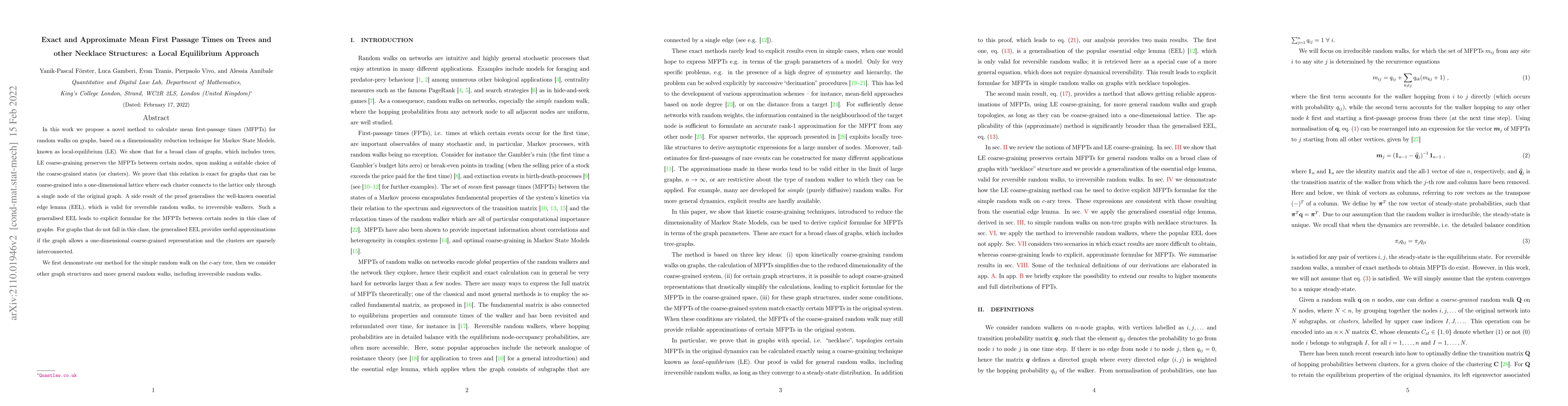 Thumbnail for Exact and Approximate Mean First Passage Times on Trees and other
  Necklace Structures: a Local Equilibrium Approach