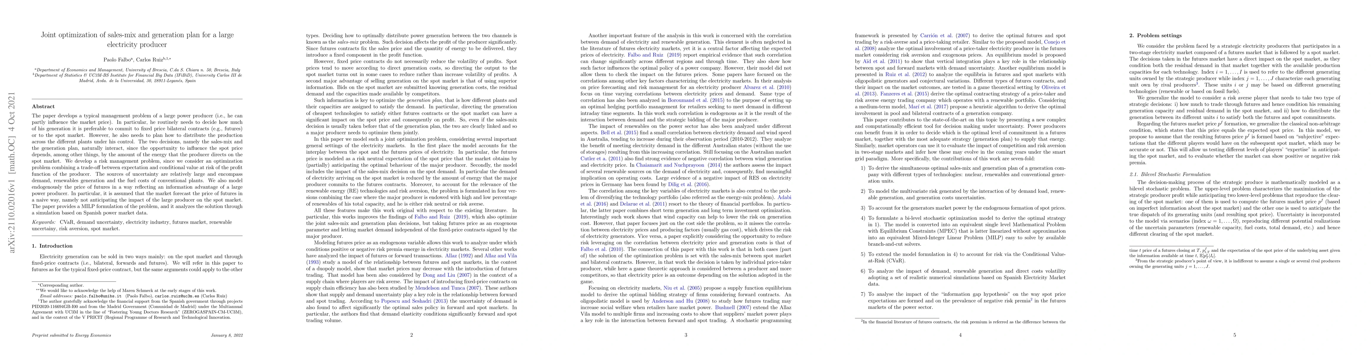 Thumbnail for Joint optimization of sales-mix and generation plan for a large
  electricity producer