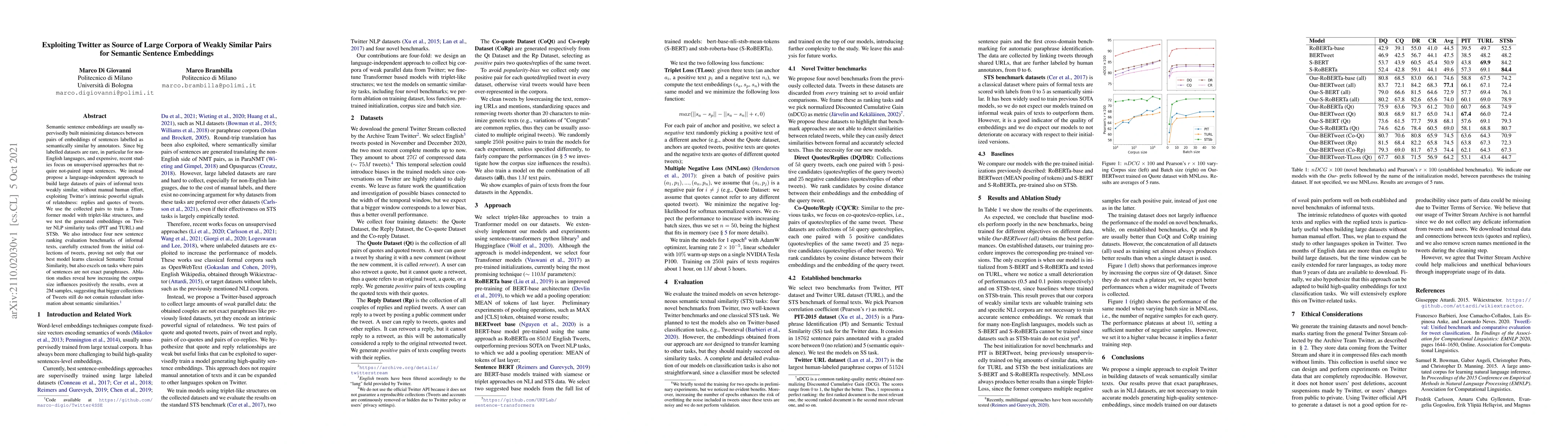 Thumbnail for Exploiting Twitter as Source of Large Corpora of Weakly Similar Pairs
  for Semantic Sentence Embeddings
