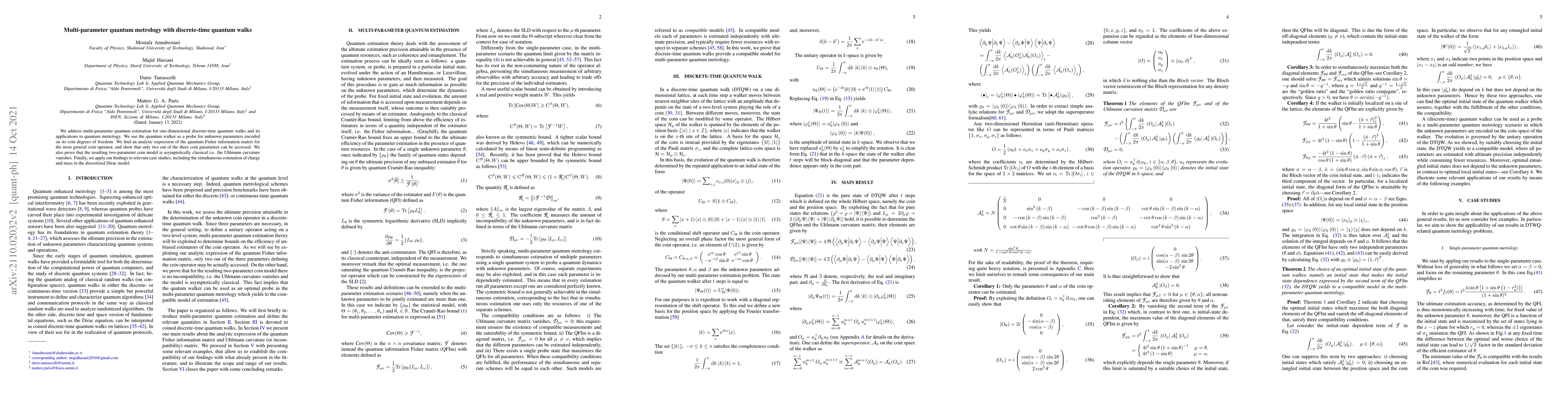 Thumbnail for Multi-parameter quantum metrology with discrete-time quantum walks