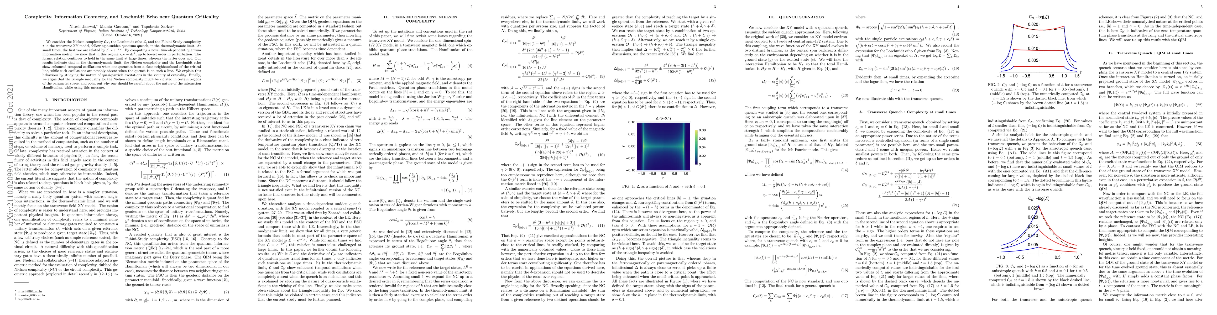 Thumbnail for Complexity, Information Geometry, and Loschmidt Echo near Quantum
  Criticality
