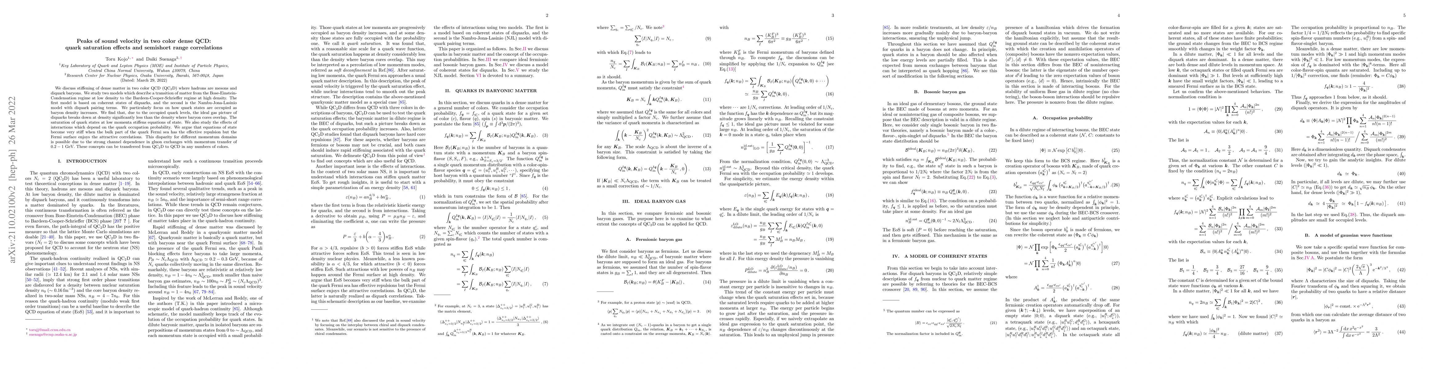Thumbnail for Peaks of sound velocity in two color dense QCD: quark saturation effects
  and semishort range correlations
