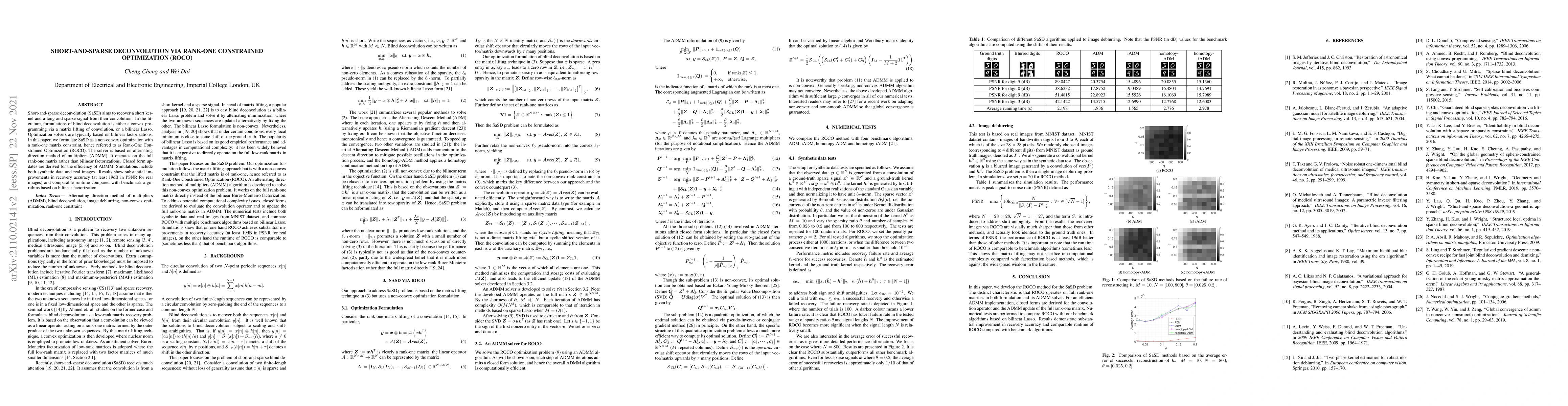Thumbnail for Short-and-Sparse Deconvolution Via Rank-One Constrained Optimization
  (ROCO)