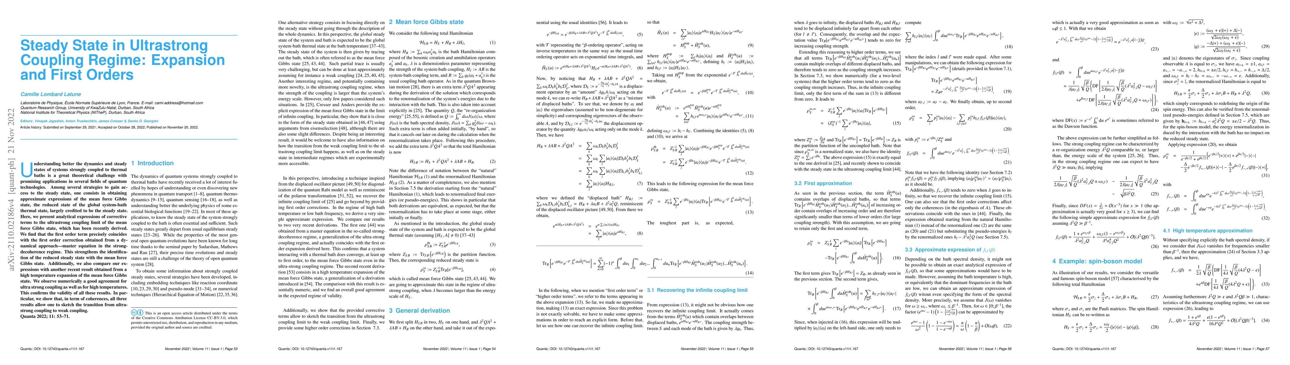 Thumbnail for Steady state in ultrastrong coupling regime: perturbative expansion and
  first orders