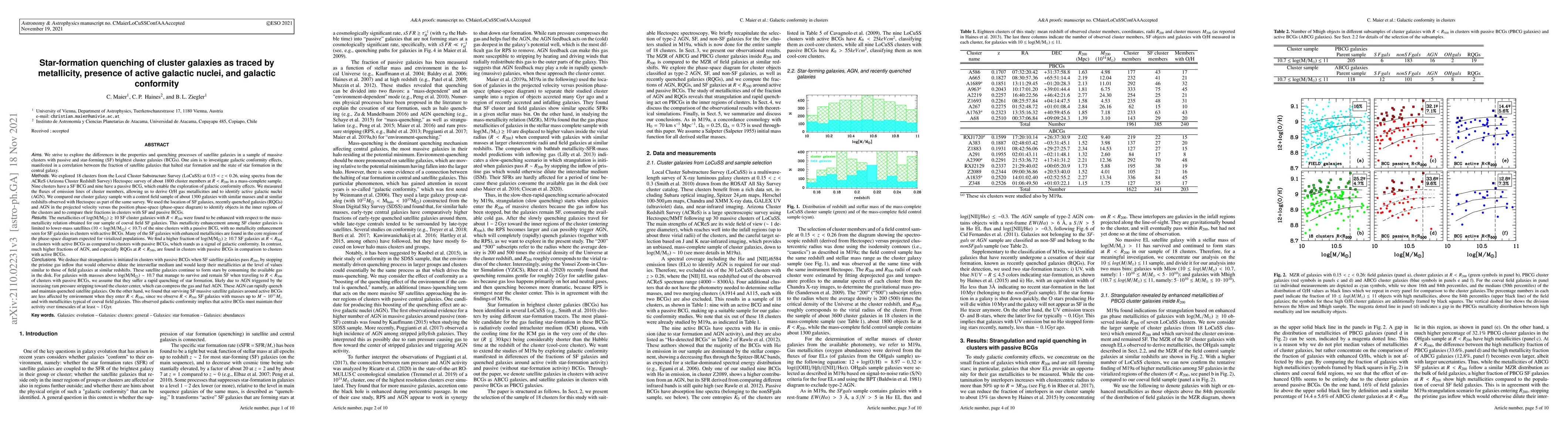Thumbnail for Star-formation quenching of cluster galaxies as traced by metallicity,
  presence of active galactic nuclei, and galactic conformity