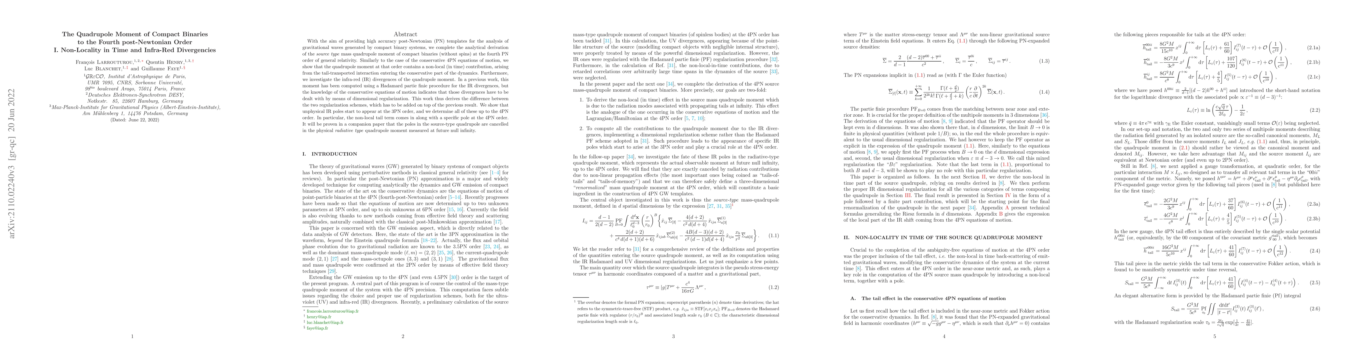 Thumbnail for The Quadrupole Moment of Compact Binaries to the Fourth post-Newtonian
  Order: I. Non-Locality in Time and Infra-Red Divergencies