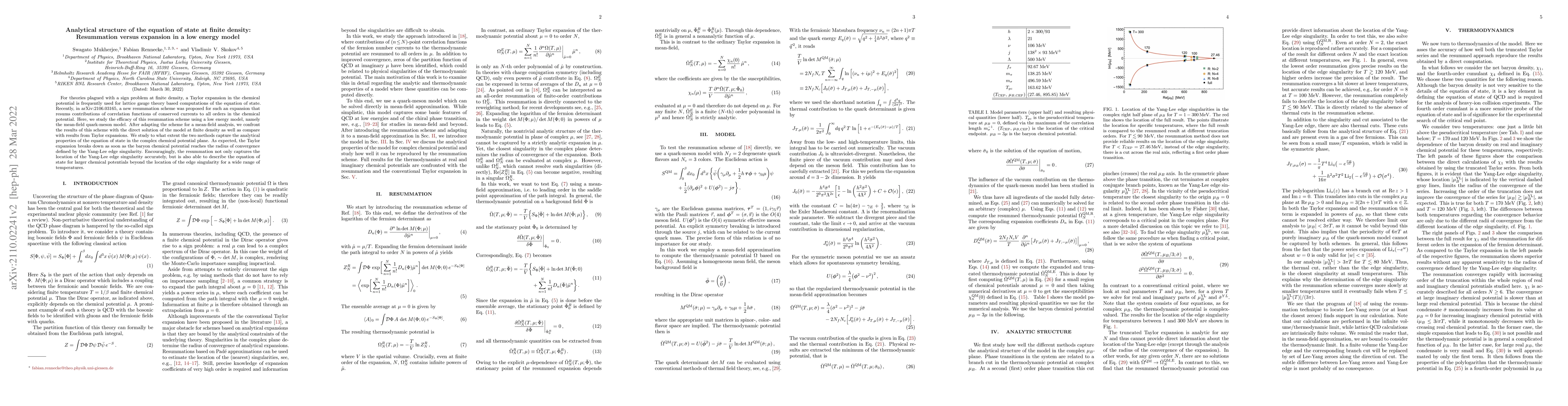 Thumbnail for Analytical structure of the equation of state at finite density:
  Resummation versus expansion in a low energy model