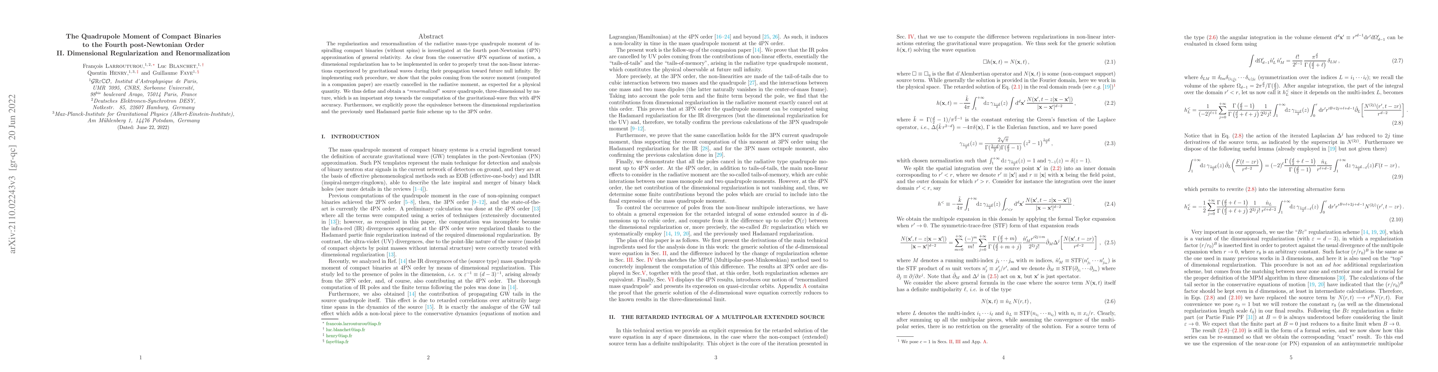Thumbnail for The Quadrupole Moment of Compact Binaries to the Fourth post-Newtonian
  Order: II. Dimensional Regularization and Renormalization