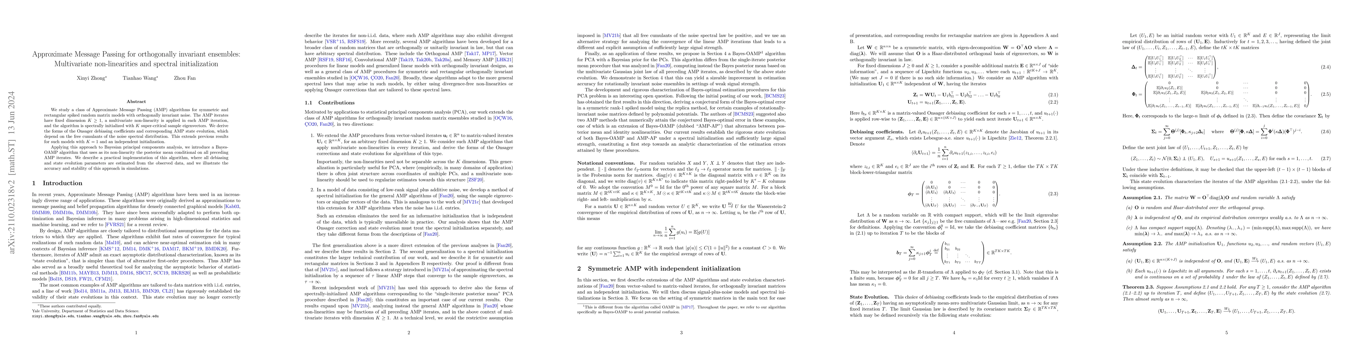 Thumbnail for Approximate Message Passing for orthogonally invariant ensembles:
  Multivariate non-linearities and spectral initialization