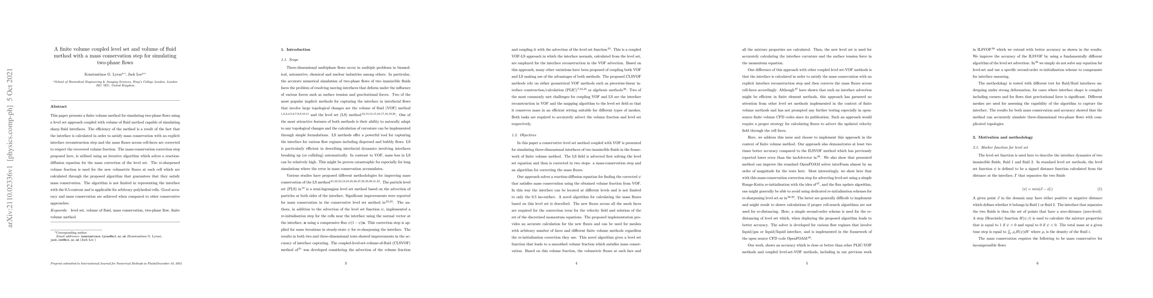 Thumbnail for A finite volume coupled level set and volume of fluid method with a mass
  conservation step for simulating two-phase flows