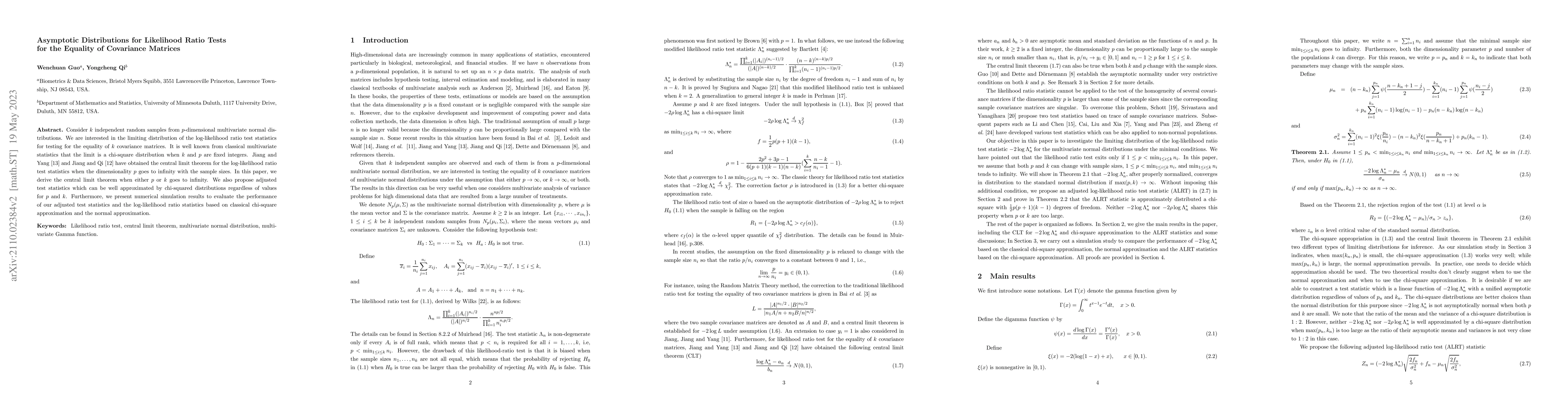 Thumbnail for Asymptotic Distributions for Likelihood Ratio Tests for the Equality of
  Covariance Matrices