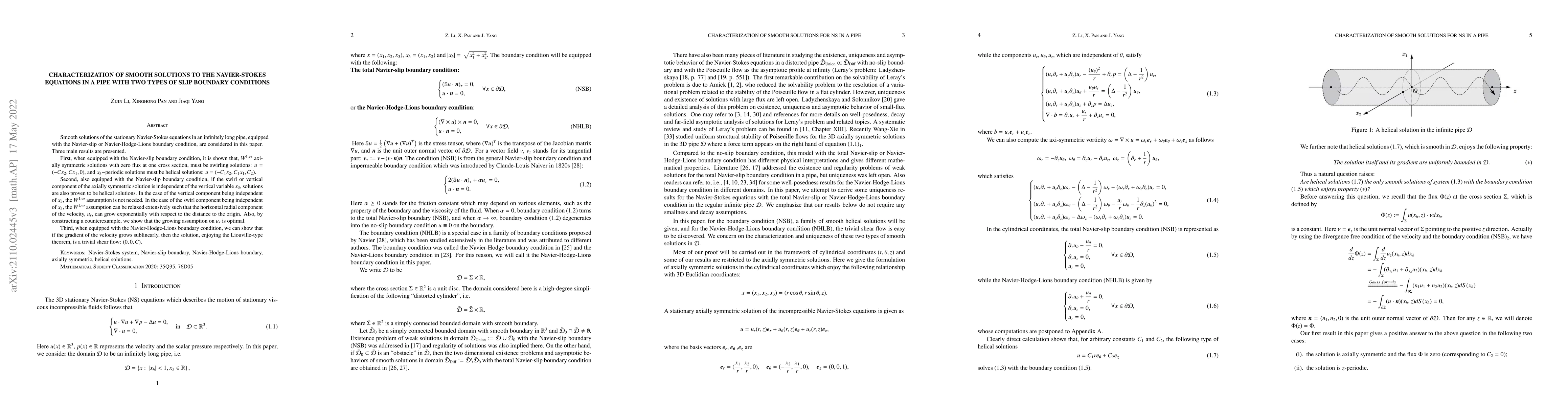 Thumbnail for Characterization of smooth solutions to the Navier-Stokes equations in a
  pipe with two types of slip boundary conditions