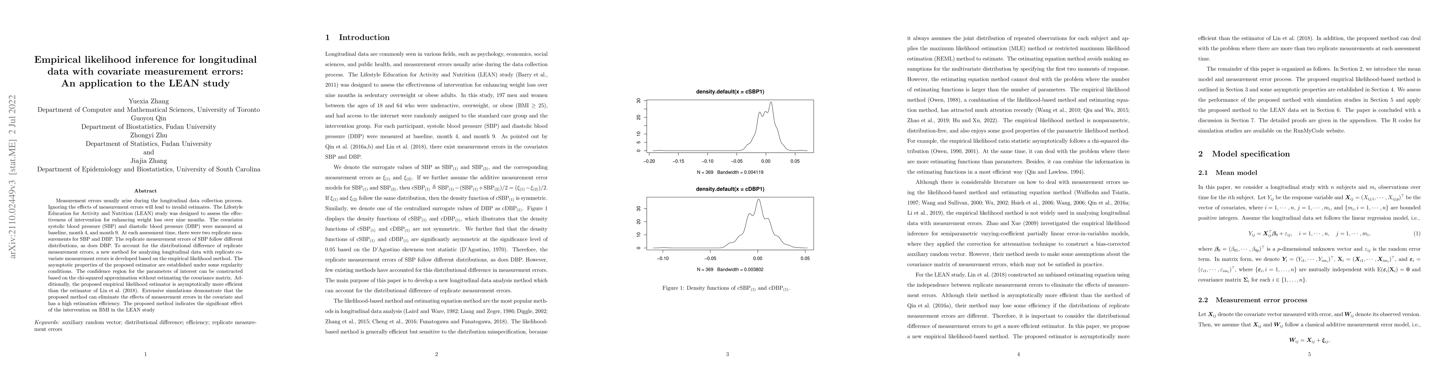 Thumbnail for Empirical likelihood inference for longitudinal data with covariate
  measurement errors: An application to the LEAN study