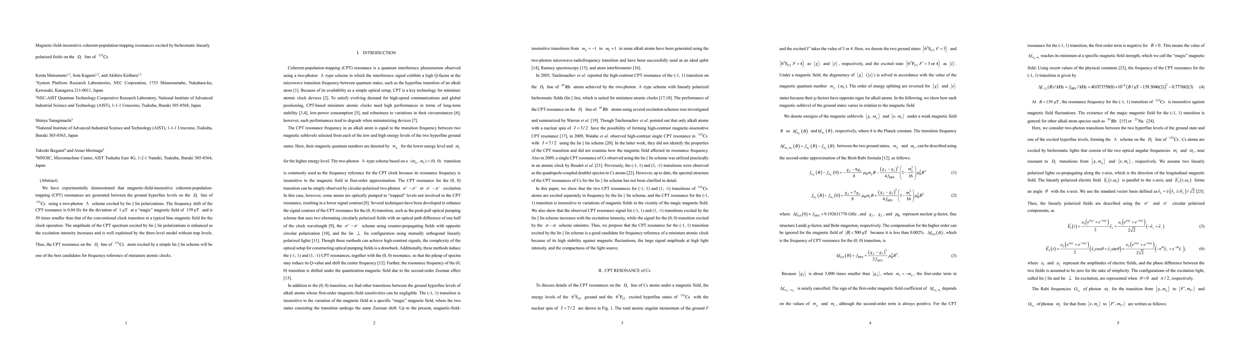Thumbnail for Magnetic-field-insensitive coherent-population-trapping resonances
  excited by bichromatic linearly polarized fields on the $D_1$ line of
  $^{133}$Cs