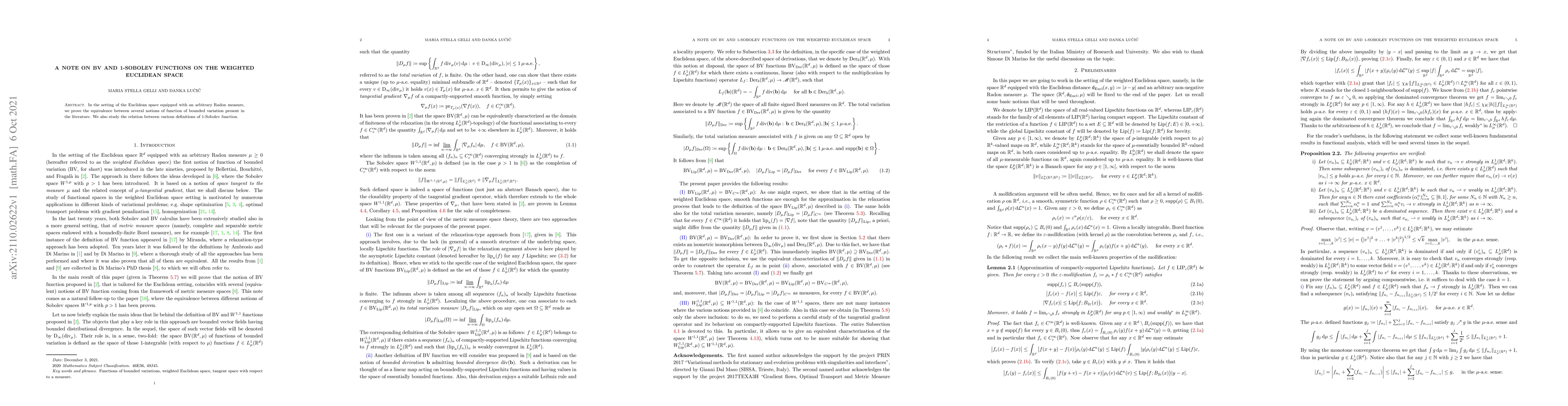Thumbnail for A note on BV and 1-Sobolev functions on the weighted Euclidean space