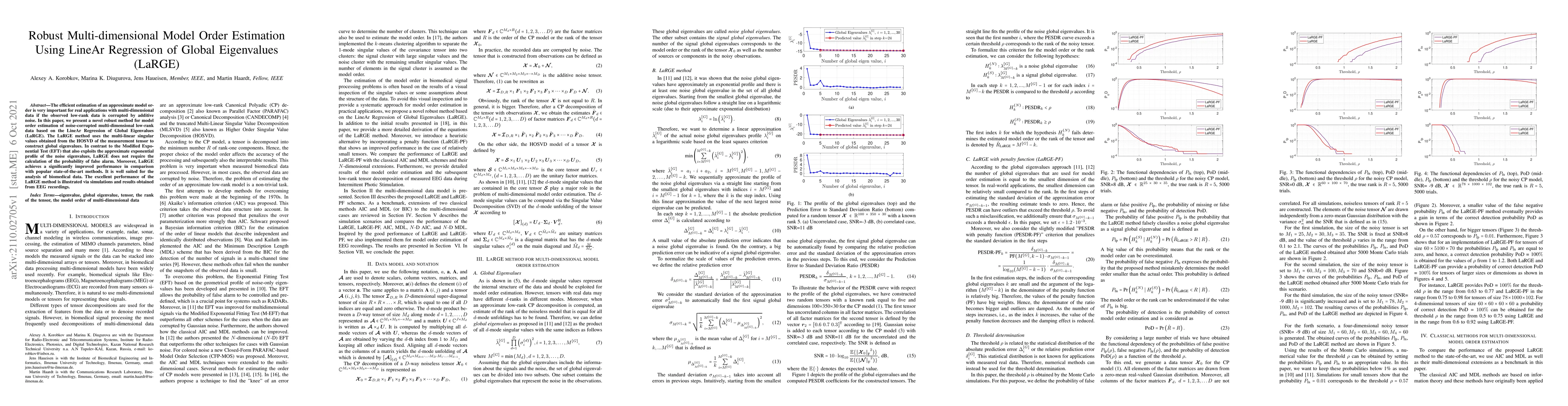 Thumbnail for Robust Multi-dimensional Model Order Estimation Using LineAr Regression
  of Global Eigenvalues (LaRGE)
