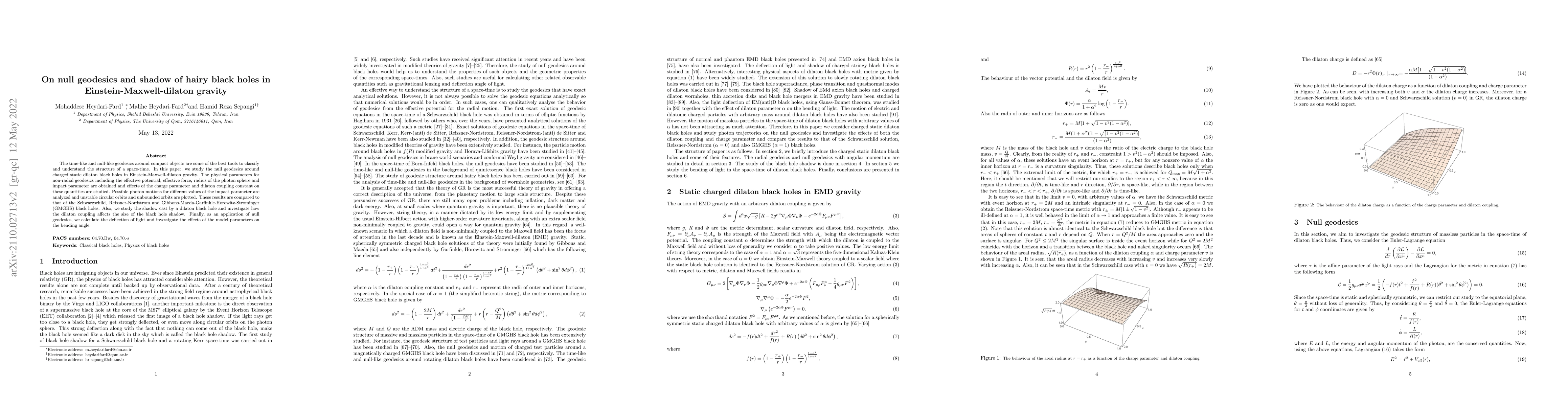 Thumbnail for On null geodesics and shadow of hairy black holes in
  Einstein-Maxwell-dilaton gravity