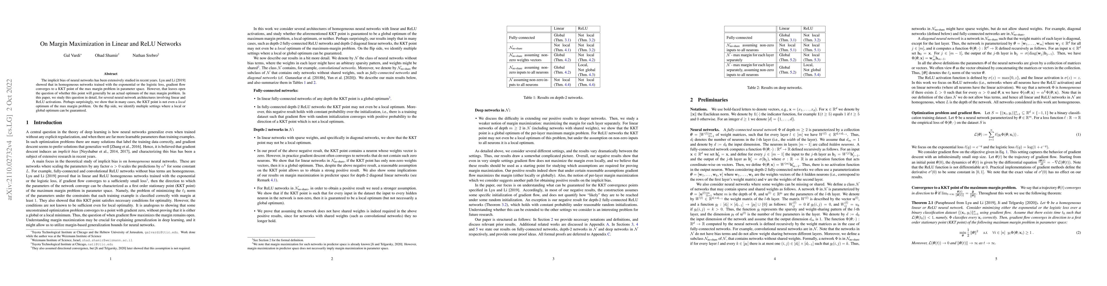 Thumbnail for On Margin Maximization in Linear and ReLU Networks