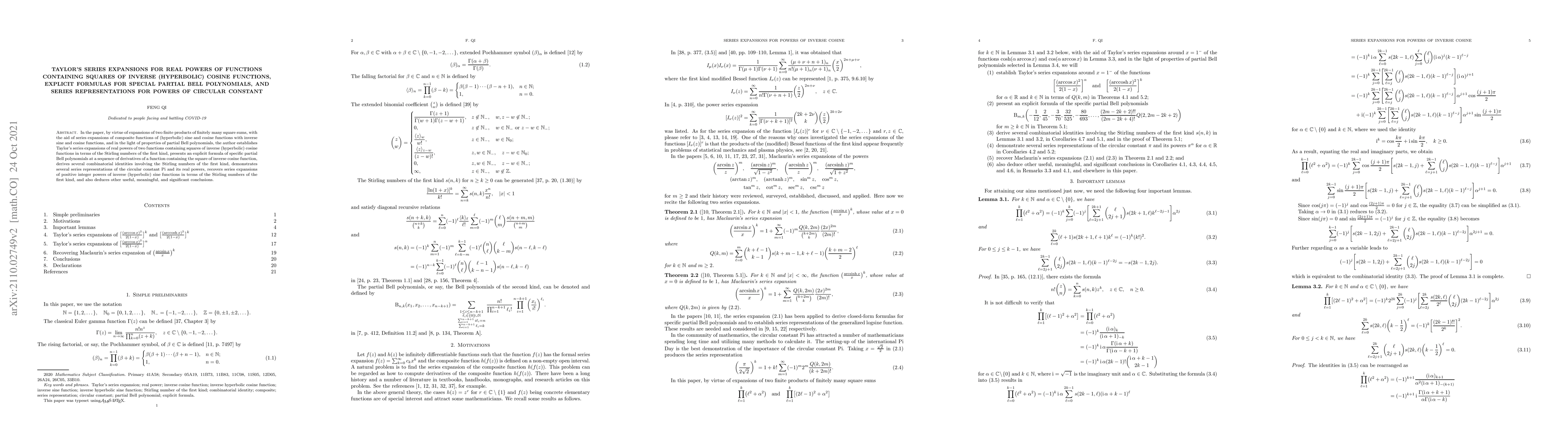 Thumbnail for Taylor's series expansions for real powers of functions containing
  squares of inverse (hyperbolic) cosine functions, explicit formulas for
  special partial Bell polynomials, and series representations for powers of
  circular constant