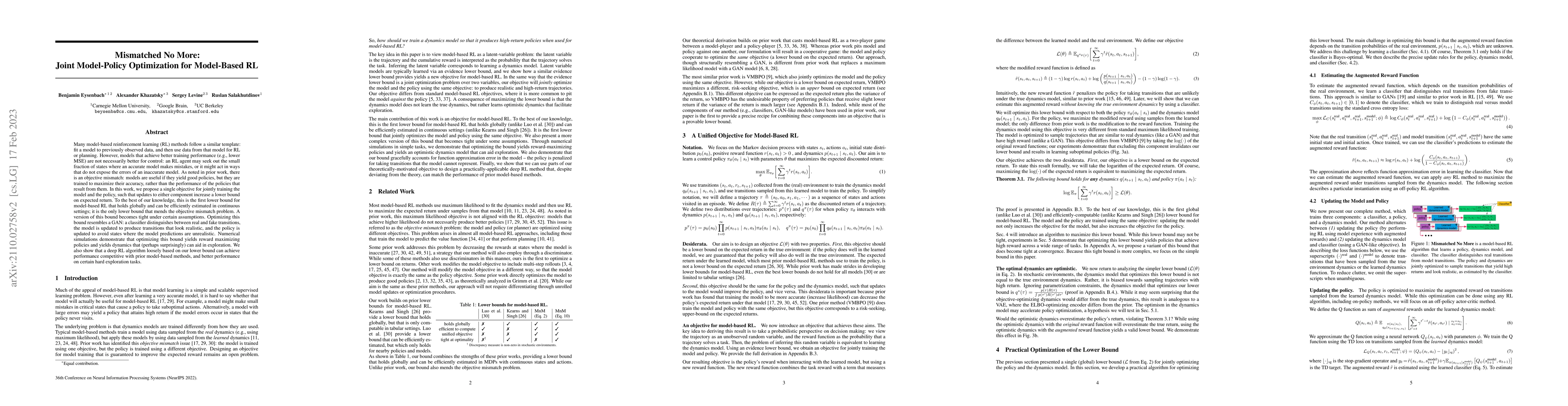 Thumbnail for Mismatched No More: Joint Model-Policy Optimization for Model-Based RL