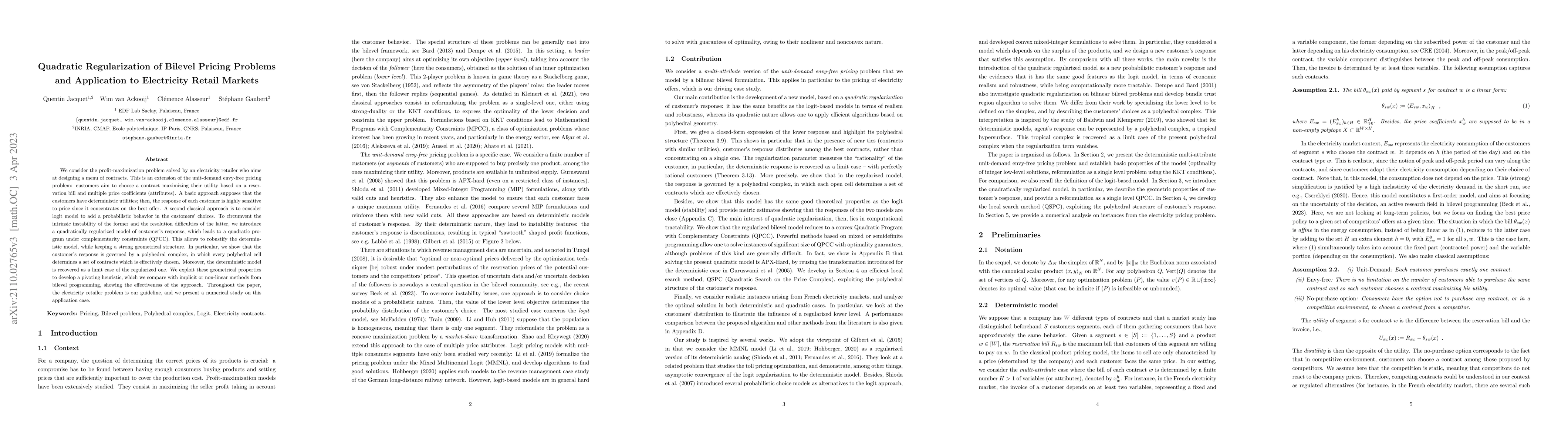 Thumbnail for Quadratic Regularization of Bilevel Pricing Problems and Application to
  Electricity Retail Markets