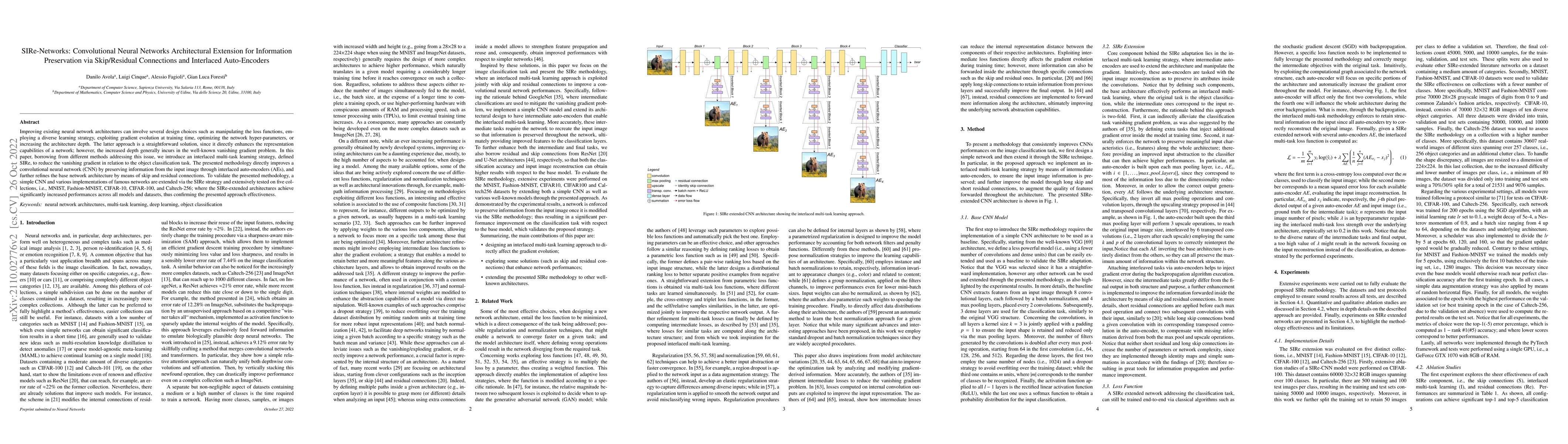 Thumbnail for SIRe-Networks: Convolutional Neural Networks Architectural Extension for
  Information Preservation via Skip/Residual Connections and Interlaced
  Auto-Encoders