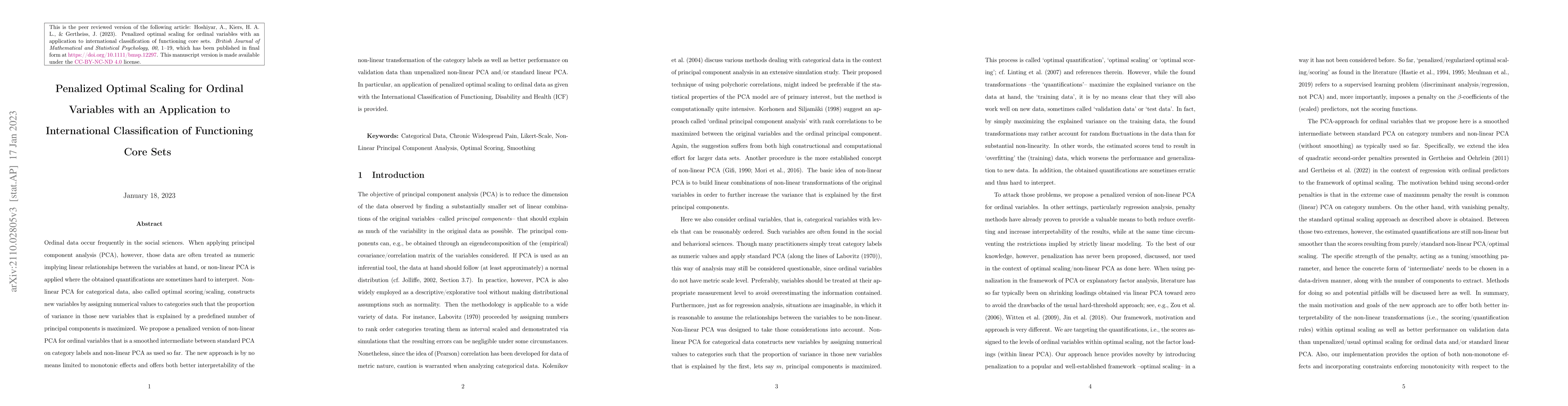 Thumbnail for Penalized Optimal Scaling for Ordinal Variables with an Application to
  International Classification of Functioning Core Sets