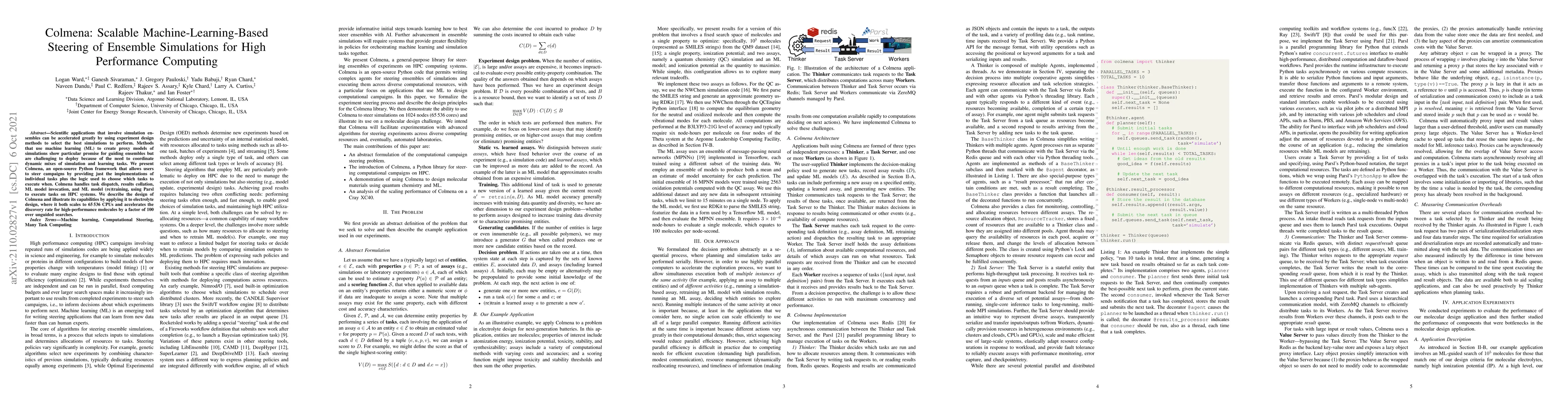 Thumbnail for Colmena: Scalable Machine-Learning-Based Steering of Ensemble
  Simulations for High Performance Computing