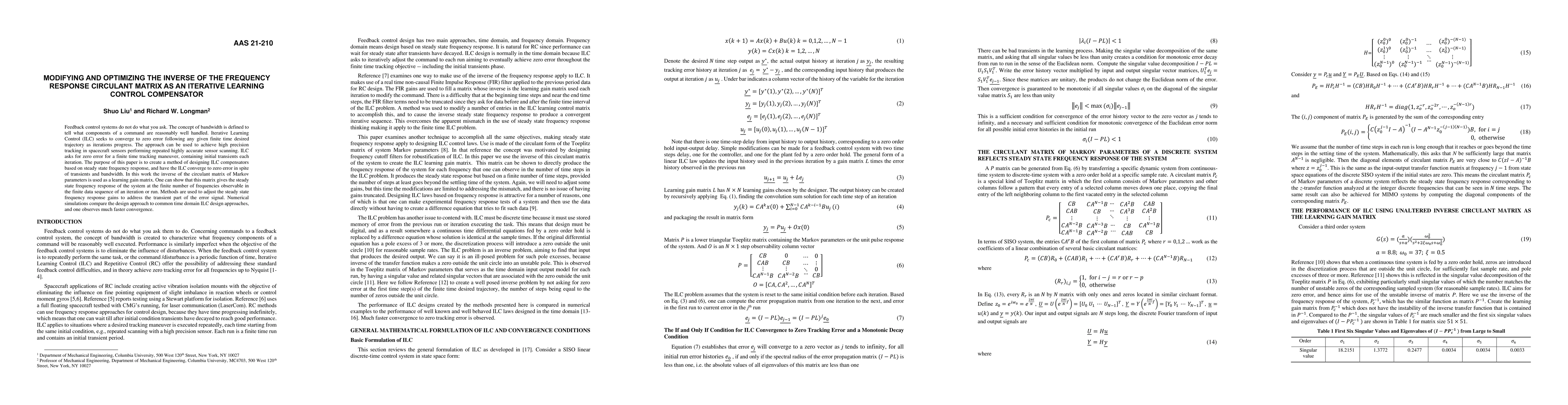 Thumbnail for Modifying and optimizing the inverse of the frequency response circulant
  matrix as an iterative learning control compensator