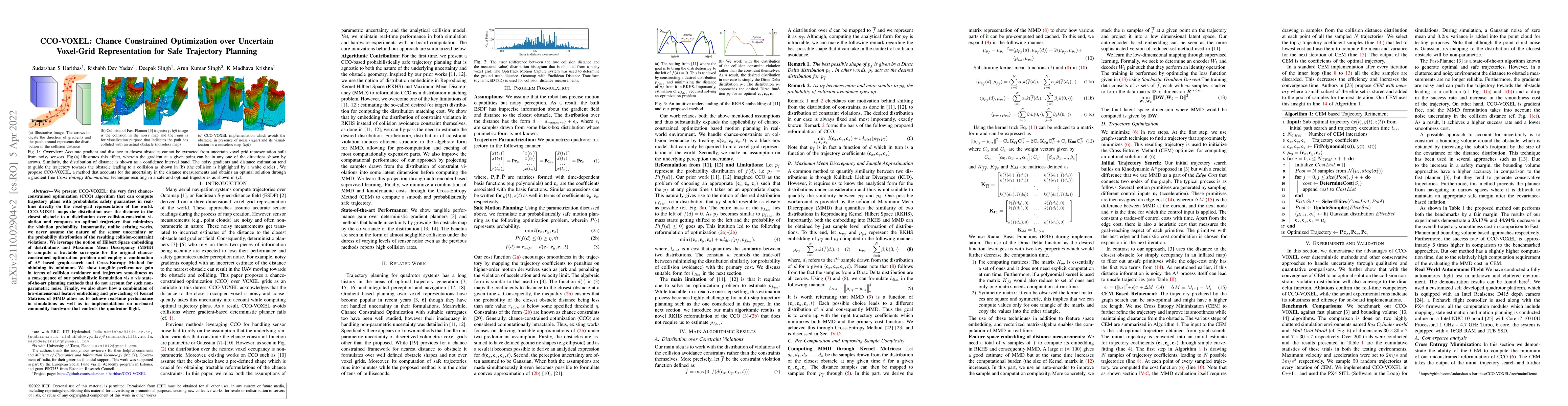 Thumbnail for CCO-VOXEL: Chance Constrained Optimization over Uncertain Voxel-Grid
  Representation for Safe Trajectory Planning
