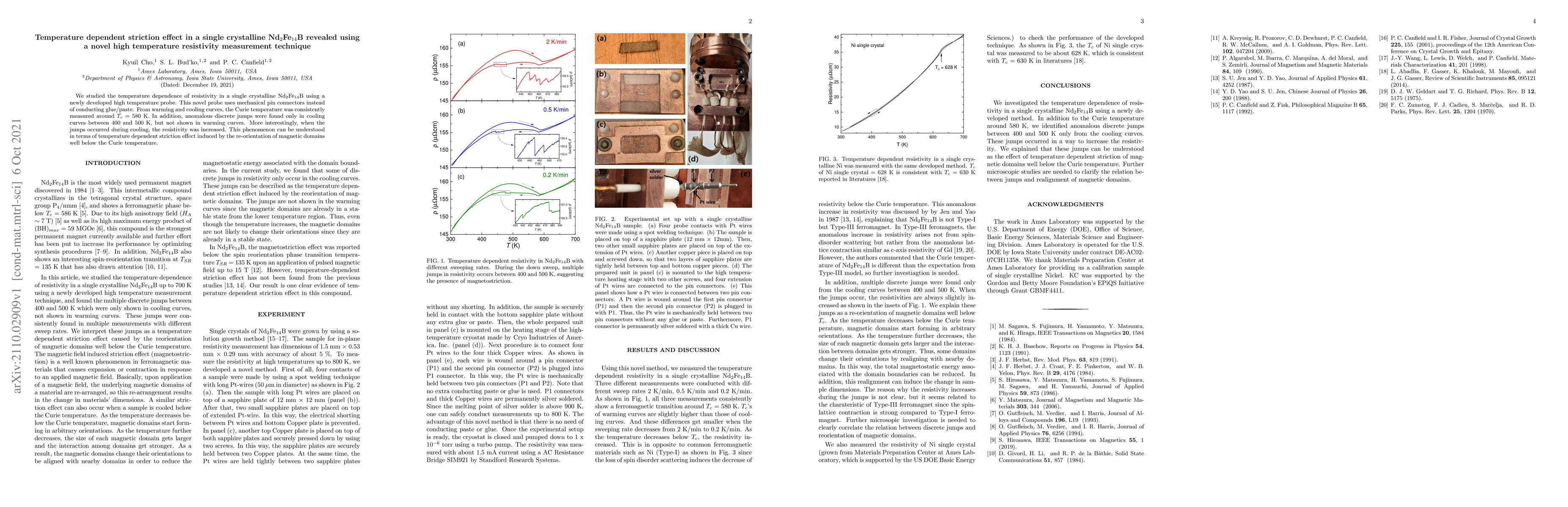 Thumbnail for Temperature dependent striction effect in a single crystalline Nd2Fe14B
  revealed using a novel high temperature resistivity measurement technique