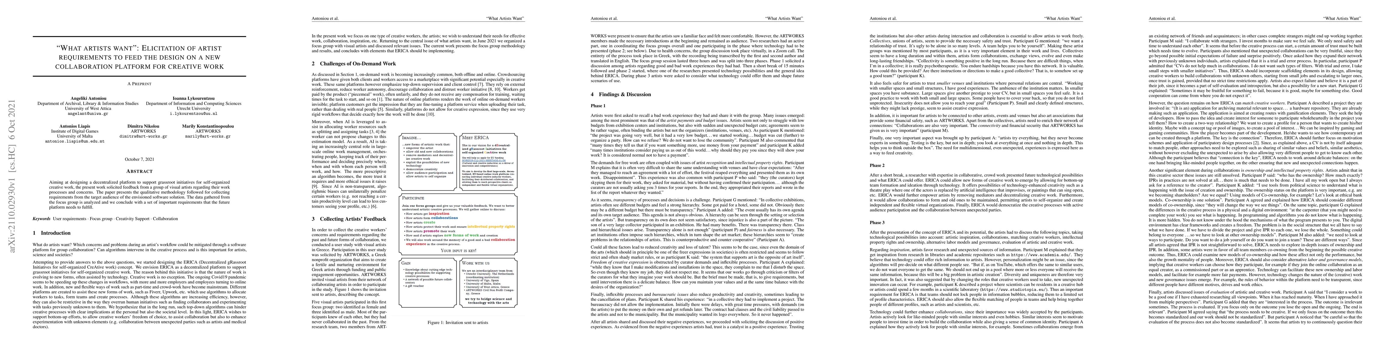 Thumbnail for "What Artists Want": Elicitation of Artist Requirements to Feed the
  Design on a New Collaboration Platform for Creative Work