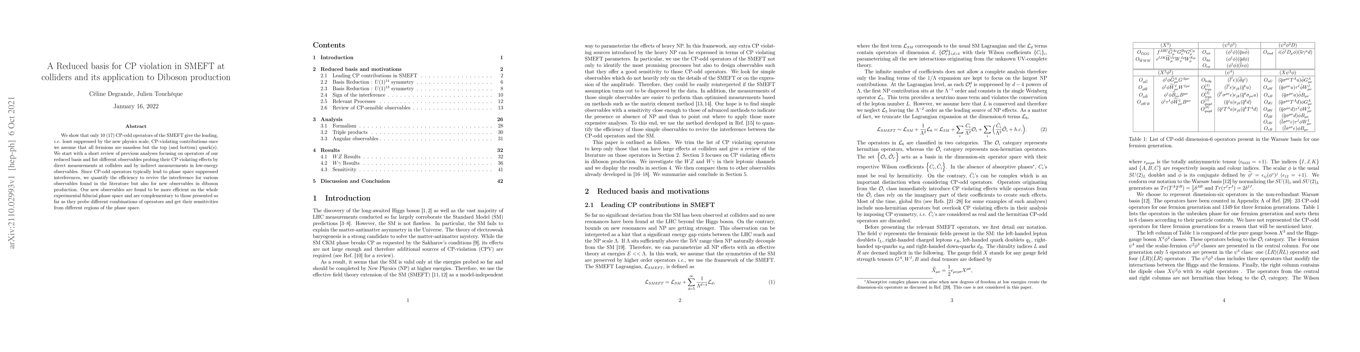 Thumbnail for A Reduced basis for CP violation in SMEFT at colliders and its
  application to Diboson production
