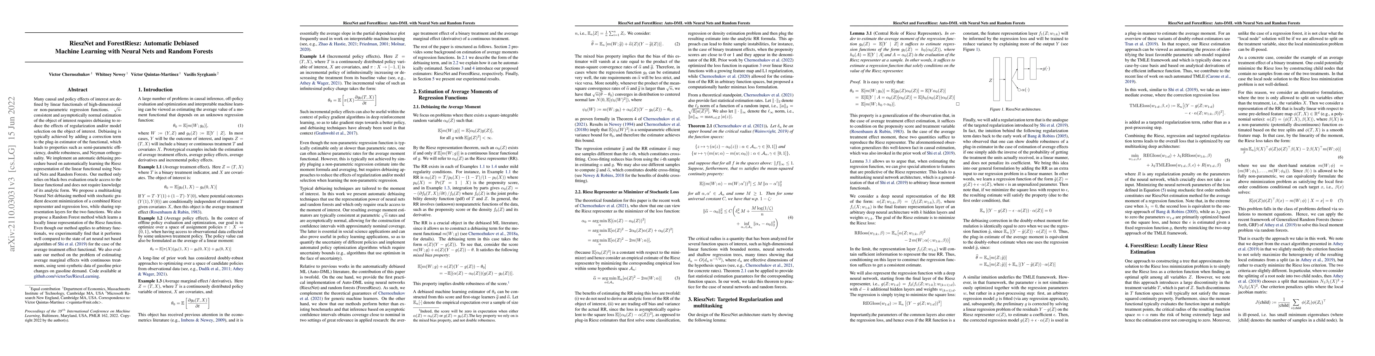 Thumbnail for RieszNet and ForestRiesz: Automatic Debiased Machine Learning with
  Neural Nets and Random Forests