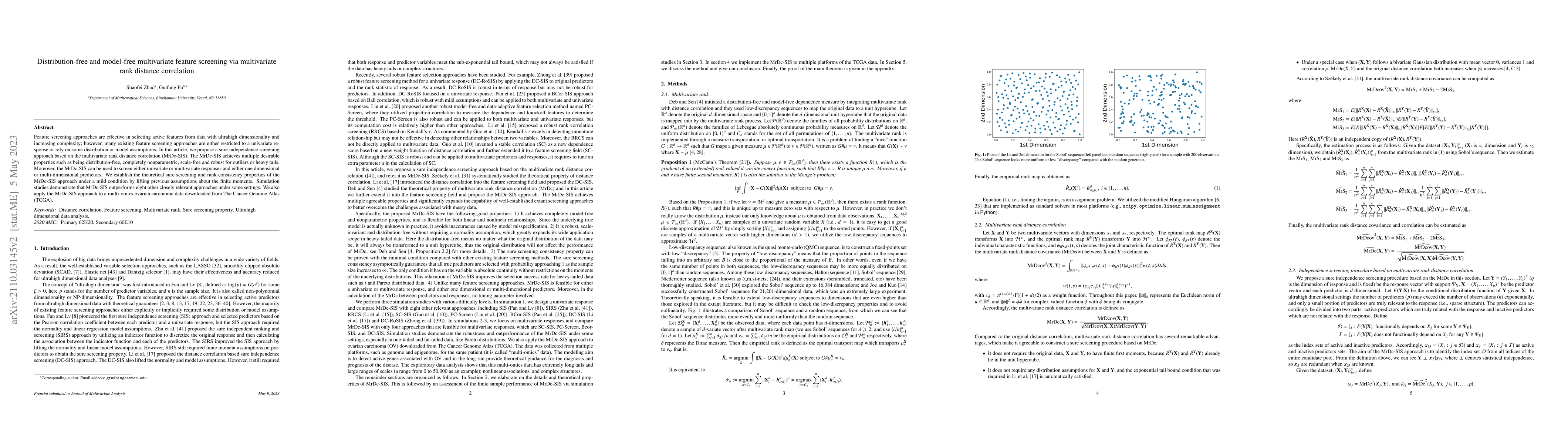 Thumbnail for Distribution-free and Model-free Multivariate Feature Screening via
  Multivariate Rank Distance Correlation