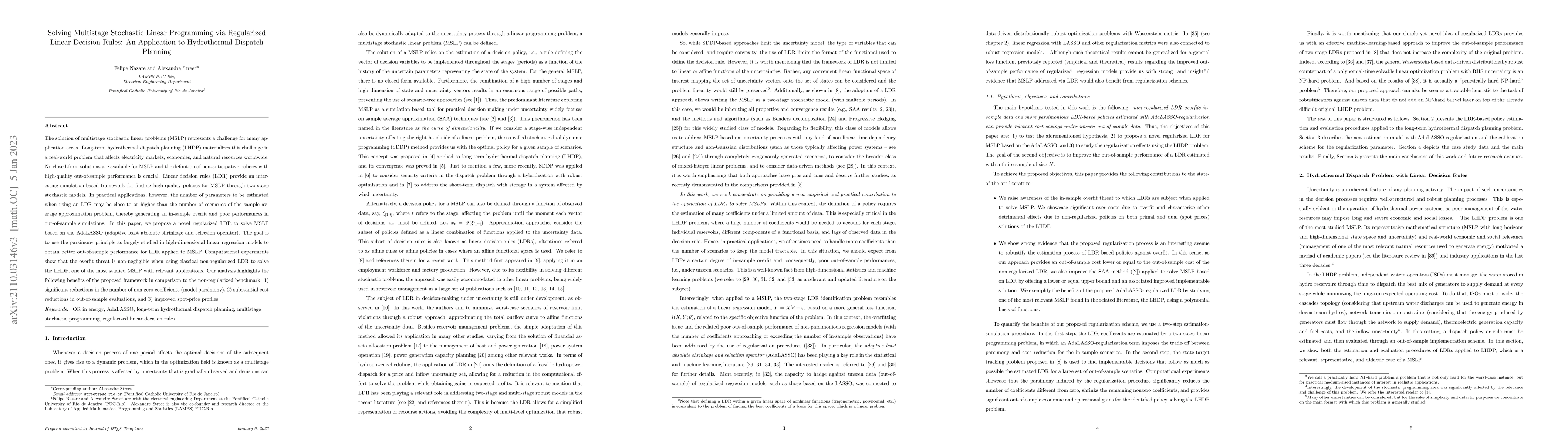 Thumbnail for Solving Multistage Stochastic Linear Programming via Regularized Linear
  Decision Rules: An Application to Hydrothermal Dispatch Planning