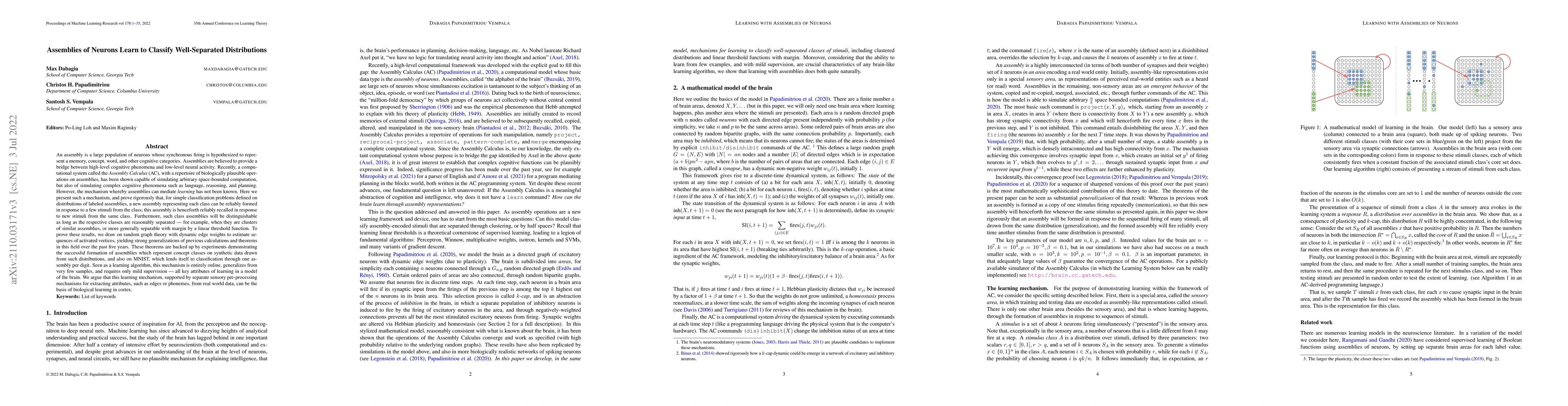 Thumbnail for Assemblies of neurons learn to classify well-separated distributions