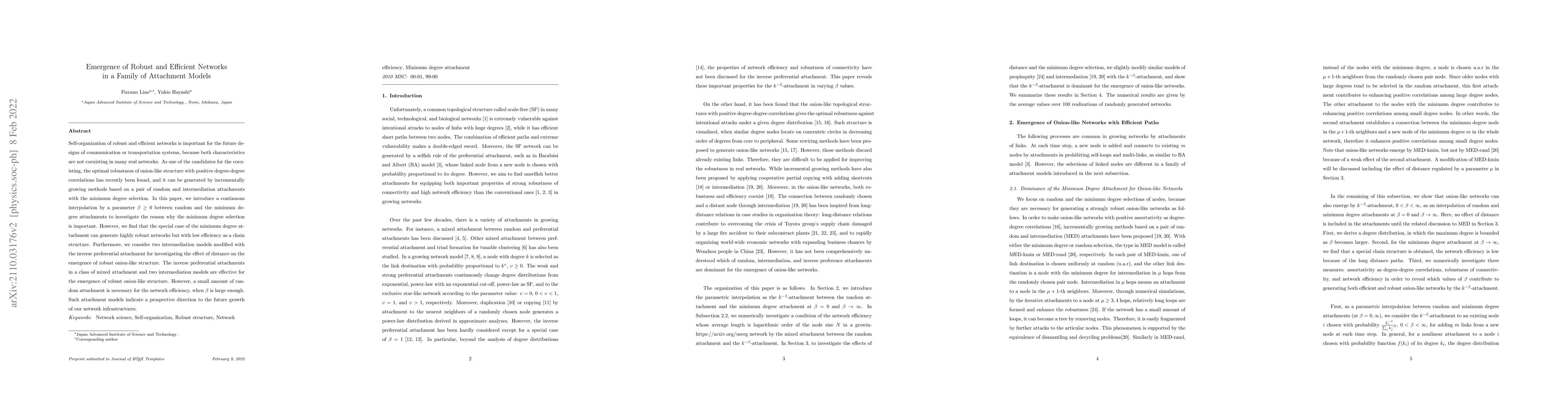 Thumbnail for Emergence of Robust and Efficient Networks in a Family of Attachment
  Models