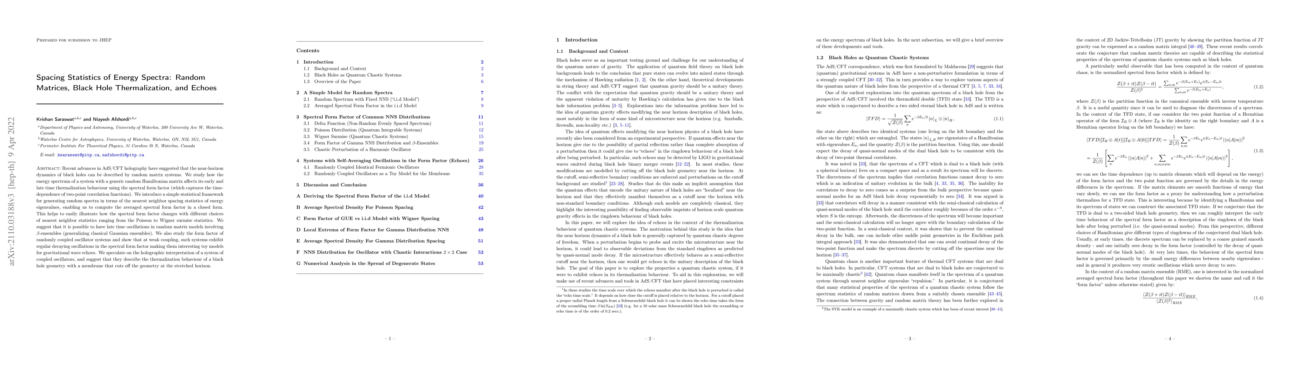 Thumbnail for Spacing Statistics of Energy Spectra: Random Matrices, Black Hole
  Thermalization, and Echoes
