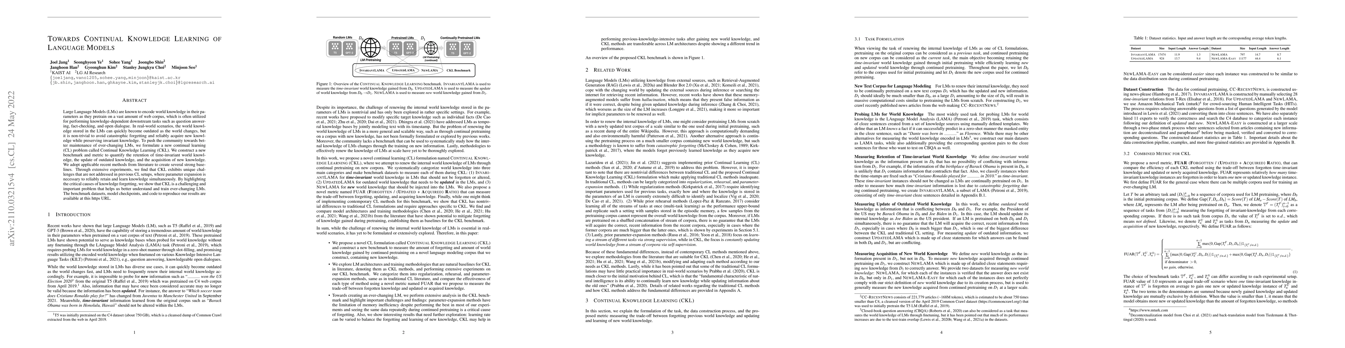Thumbnail for Towards Continual Knowledge Learning of Language Models