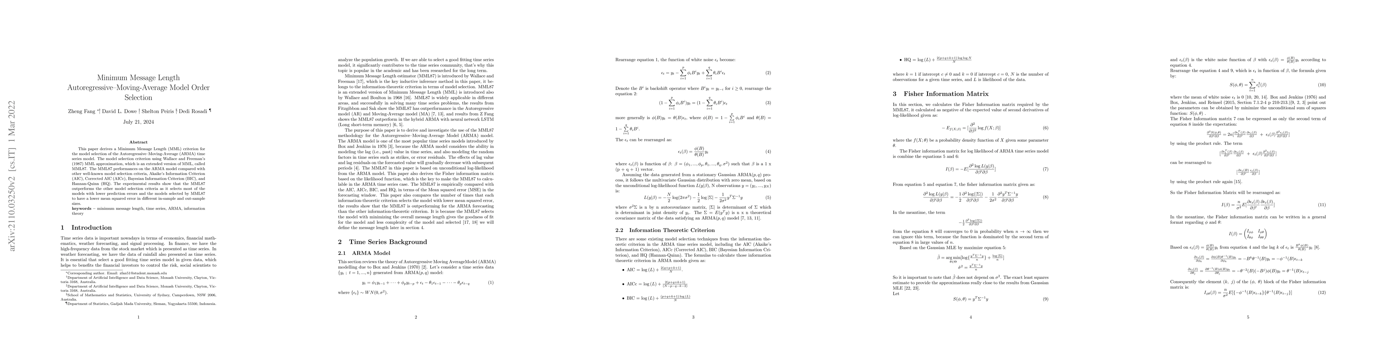 Thumbnail for Minimum Message Length Autoregressive Moving Average Model Order
  Selection