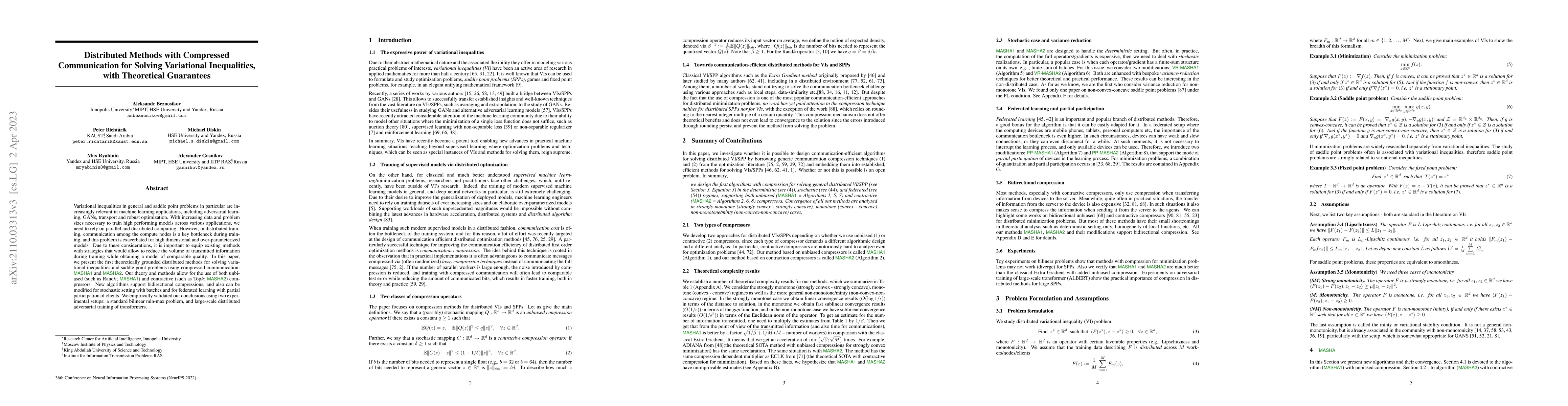 Thumbnail for Distributed Methods with Compressed Communication for Solving
  Variational Inequalities, with Theoretical Guarantees