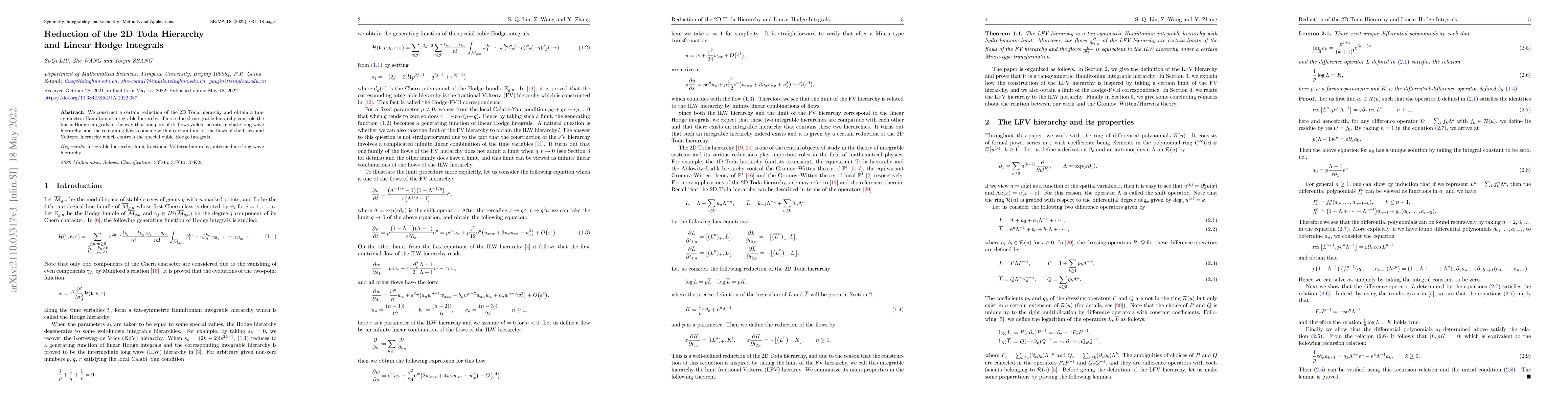 Thumbnail for Reduction of the 2D Toda Hierarchy and Linear Hodge Integrals