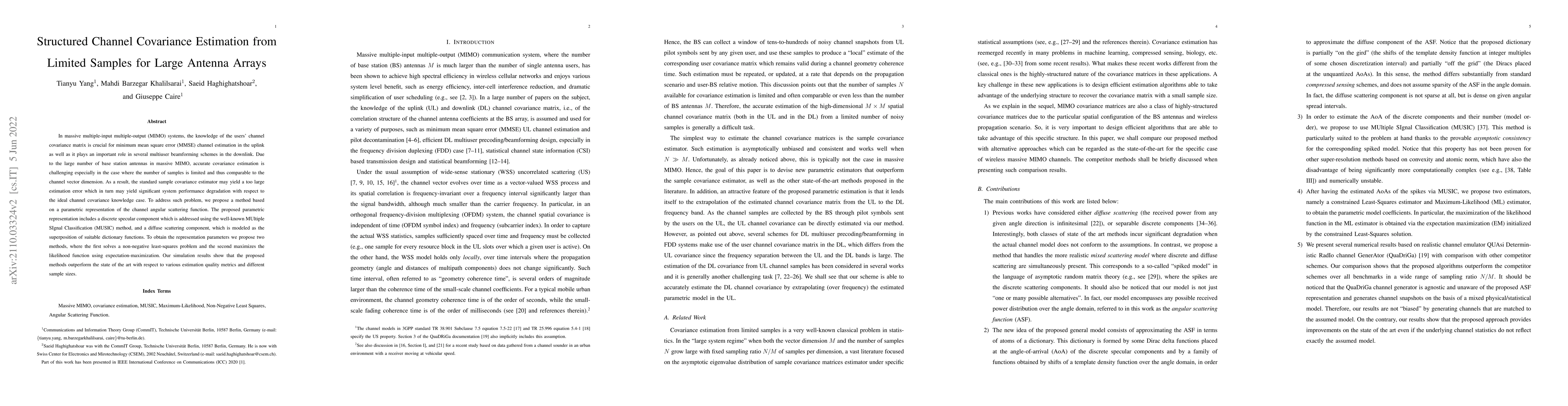 Thumbnail for Structured Channel Covariance Estimation from Limited Samples for Large
  Antenna Arrays