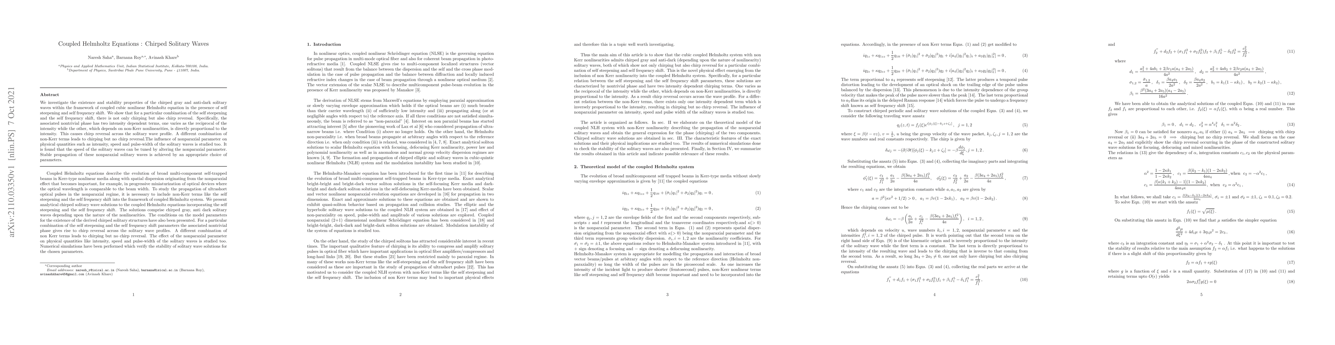 Thumbnail for Coupled Helmholtz Equations : Chirped Solitary Waves