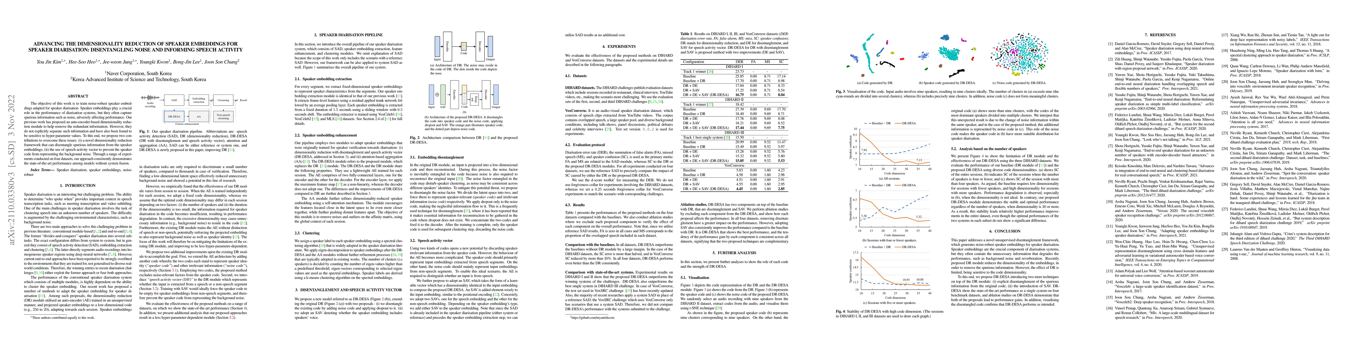 Thumbnail for Advancing the dimensionality reduction of speaker embeddings for speaker
  diarisation: disentangling noise and informing speech activity